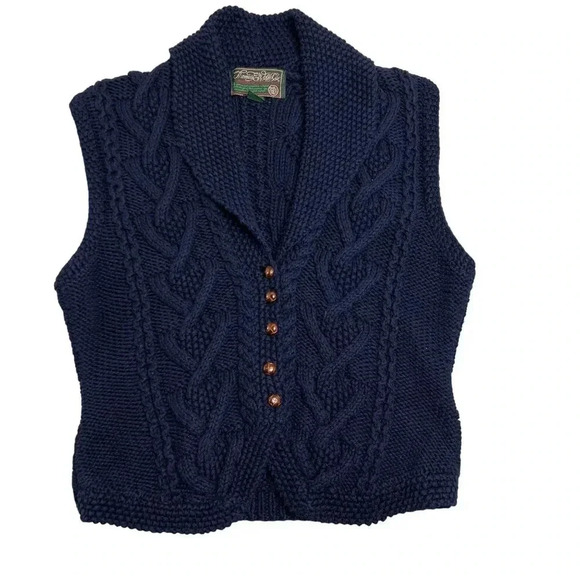 Vintage Womens M Cable Knit Collard Vest Wood Button Thomas E Wolfe Grandpacore - Picture 1 of 12
